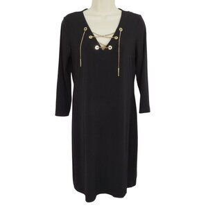 Calvin Klein Womens 8 Solid Black V Neck Gold Metal Chain Lace Long Sleeve Dress